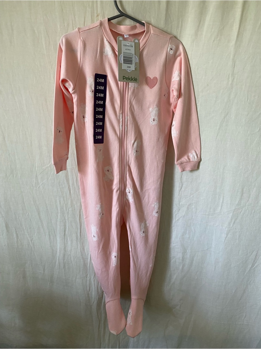 Organic Cotton Pink Heart & Polar Bear Print One-Piece Pajamas - 24M - 2way Zip
